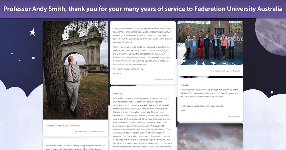 Farewell Kudoboard themed in purple for a departing professor